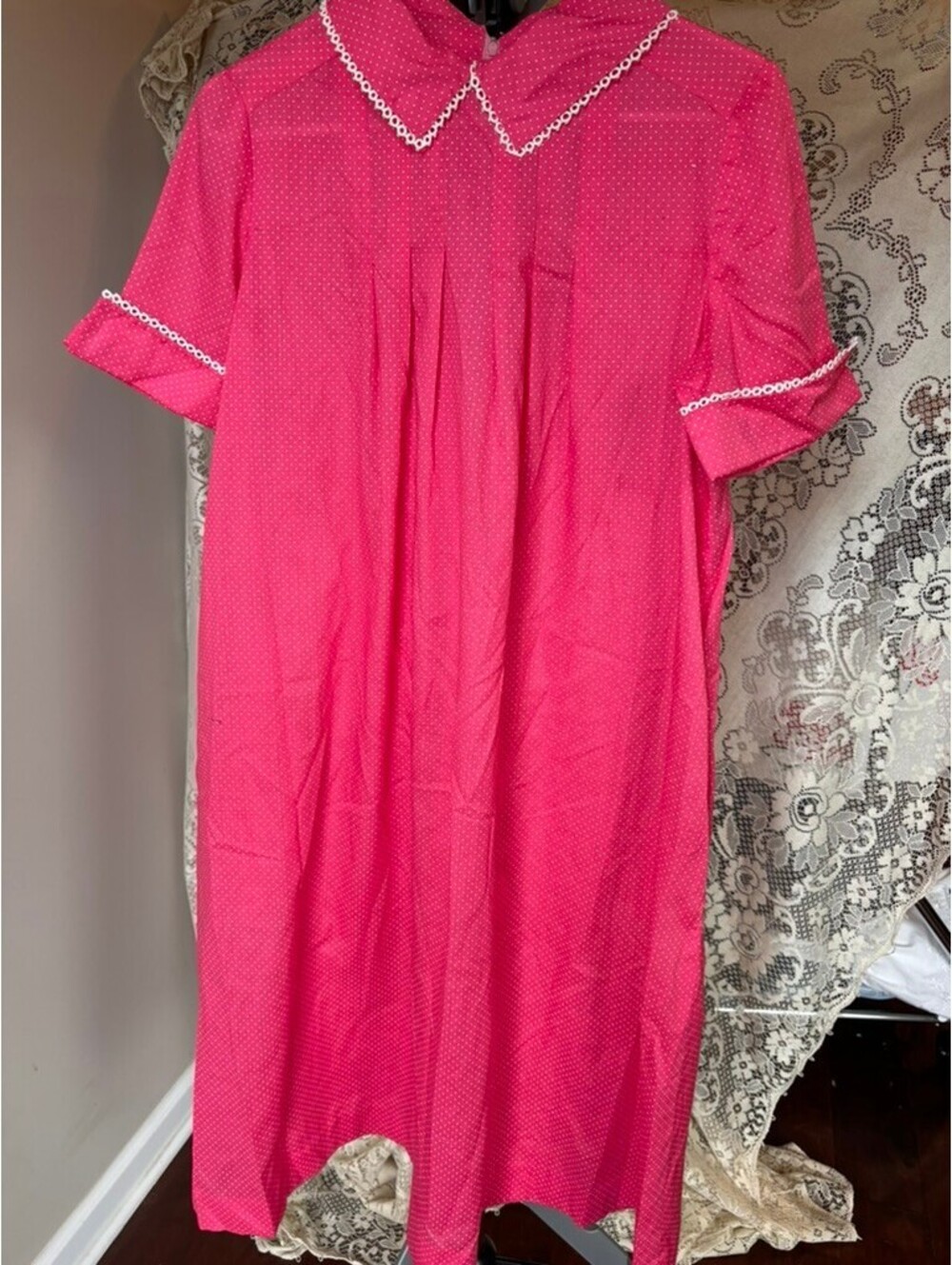 Vintage Pink Polka Dot Midi Dress Lace Collar Cottagecore Prairie